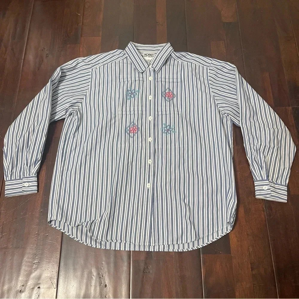 Vintage Koret City Blues Button Up Embroidered Stitched Striped Large Floral